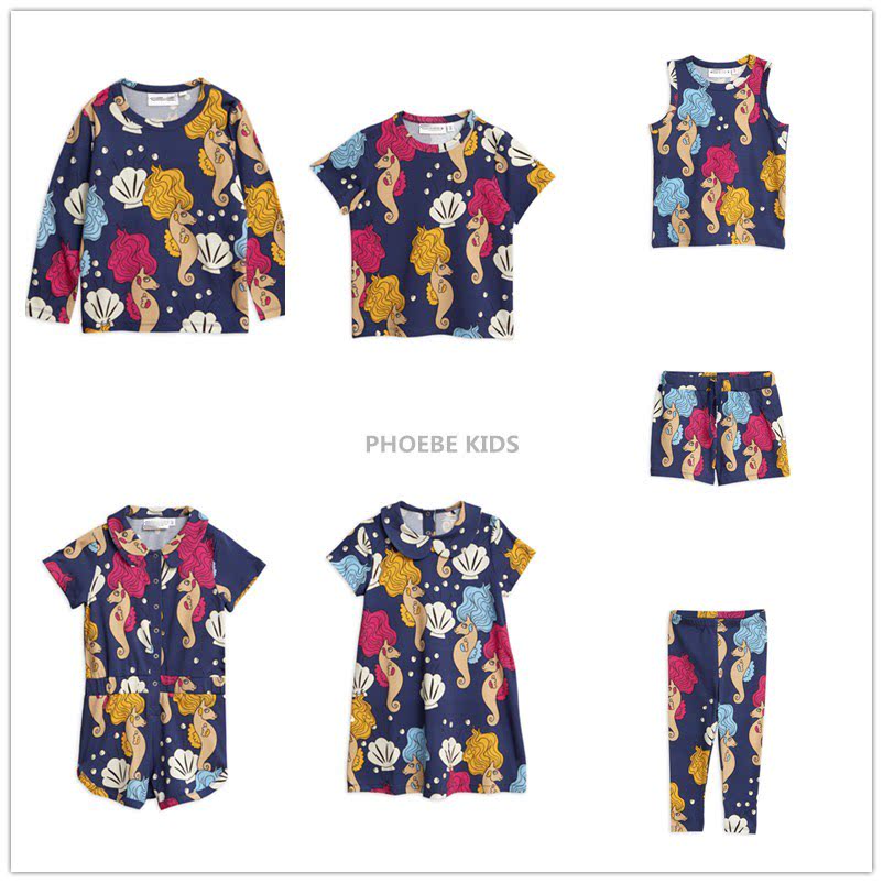 Swedish mini same style 19 summer children's clothing baby full printed seahorse cotton T-shirt pants baby children's dress