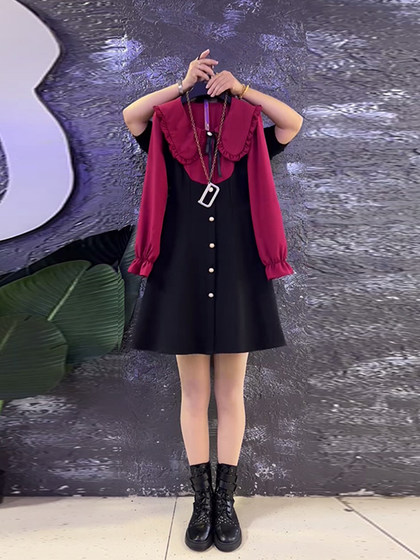 加肥大码女装翻领荷叶边长袖拼色吊带连衣裙胖妹妹通勤风显瘦裙子