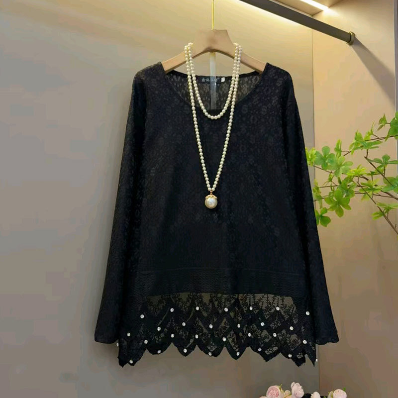 Plus-Size Women's Clothing: Long-Sleeve Blouse with Rhinestone Lace Hem, French-Style Design, Black Slimming Top for Curvy Women