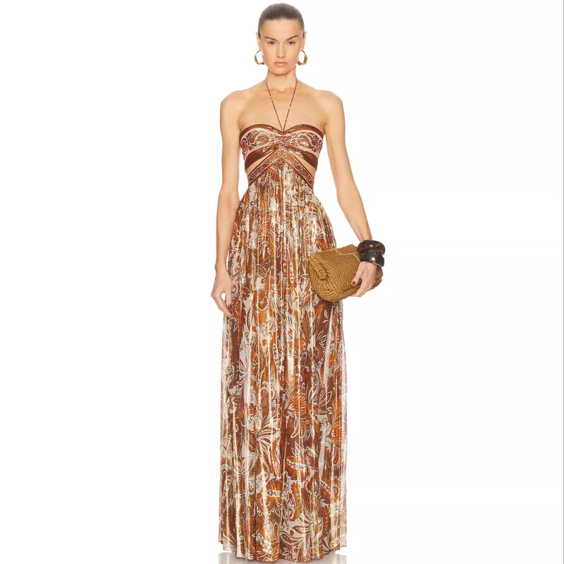Summer Rose French Retro Printed Halterneck Dress, Elegant and Slimming, Tube Top, Backless Holiday Long Dress Summer Rose French Retro Printed Halterneck Dress, Elegant and Slimming, Tube Top, Backless Holiday Long Dress