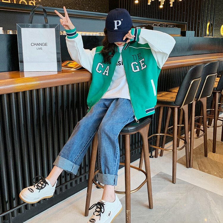 Girl Jacket 2022 Spring Dress New Children Spring Autumn Baseball Suit CUHK Boy Girl Foreign Pie Korean Version Jacket Blouse