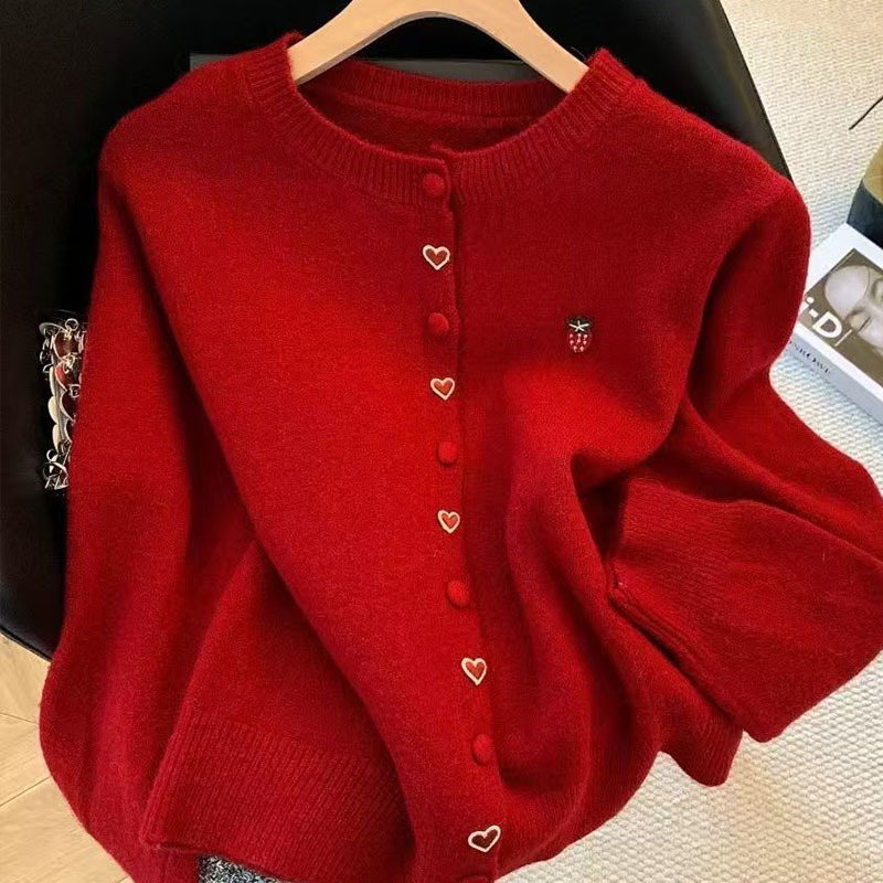 Korean-Style Red Heart Button Knit Cardigan for Women, Round Neck, Soft and Versatile Sweater Coat, New Year Warm Knitwear Korean-Style Red Heart Button Knit Cardigan for Women, Round Neck, Soft and Versatile Sweater Coat, New Year Warm Knitwear
