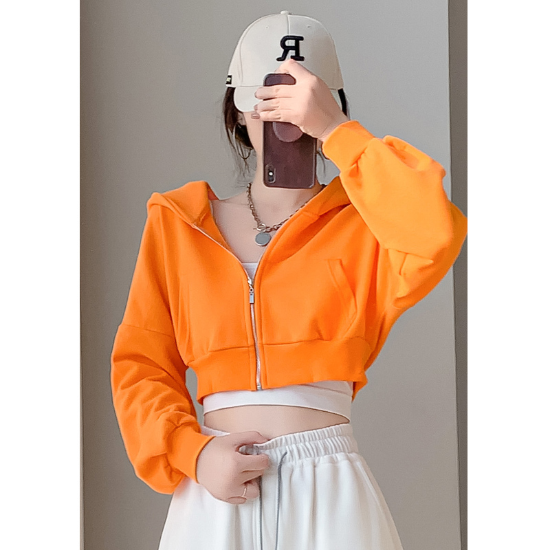 European and American Style Orange High-Waisted Sweatshirt for Women, Spring and Autumn, Orange American Street Style, Loose Hooded Zip-Up Short Crop Top Jacket