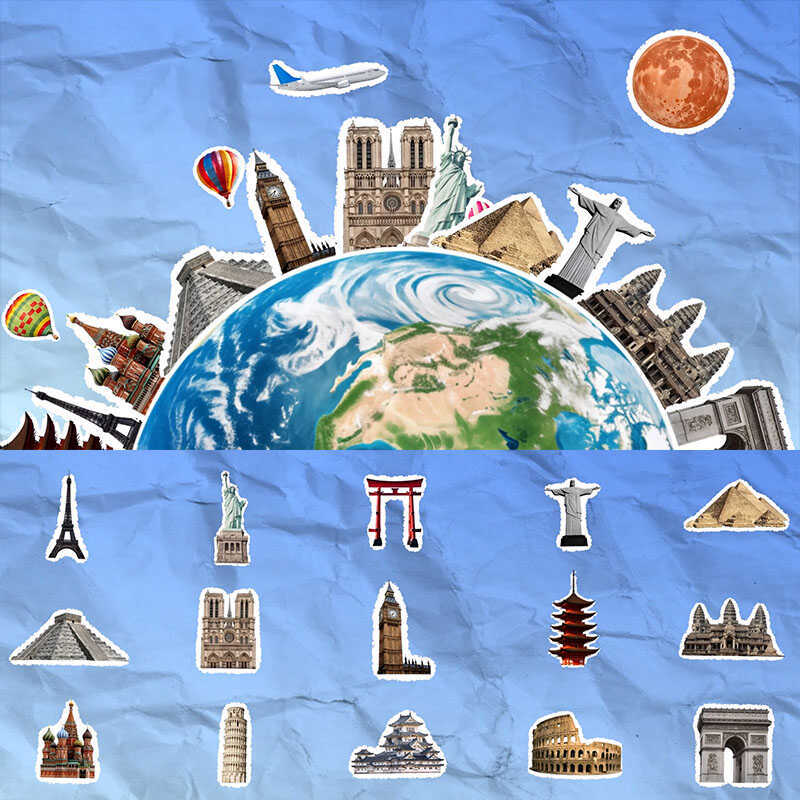 Video Material of World Tourist Attractions and Landmark Buildings, Paper Tearing Collage Animation Packaging Mov Transparent Mg125