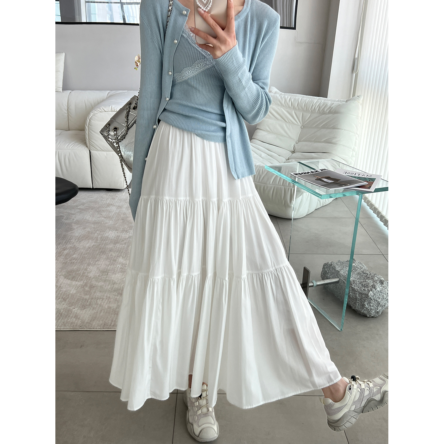 モモ姉さん春夏優しいスタイル白スカート女性ロングスカート2025新作小ケーキスカート