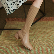 Laward Giant temperament ~ 2021 autumn and winter style fashion 100 hitch a rough heel though knee-length silo sock boot female