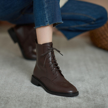 Lavard new Inn Wind Leather Round Head Martin Boots Woman Fashion 100 Hitch Bouquet Flat-bottomed Short Boots