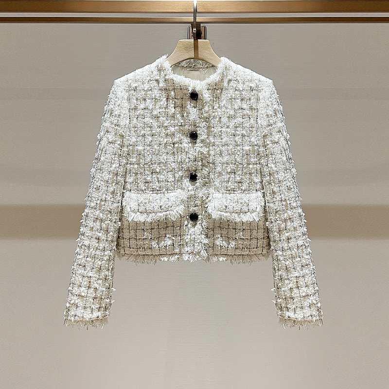 Chanel-Style Plaid down Jacket for Women, Autumn 2026 New Model, Light Luxury Round Neck Single-Breasted Fringed Warm Jacket