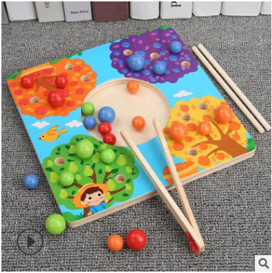 Kindergarten Teaching Aids To Color Clip Pearl Game Wooden Parent-child Interaction Puzzle Toy Children Hair Clip Bean Hand-eye Coordination