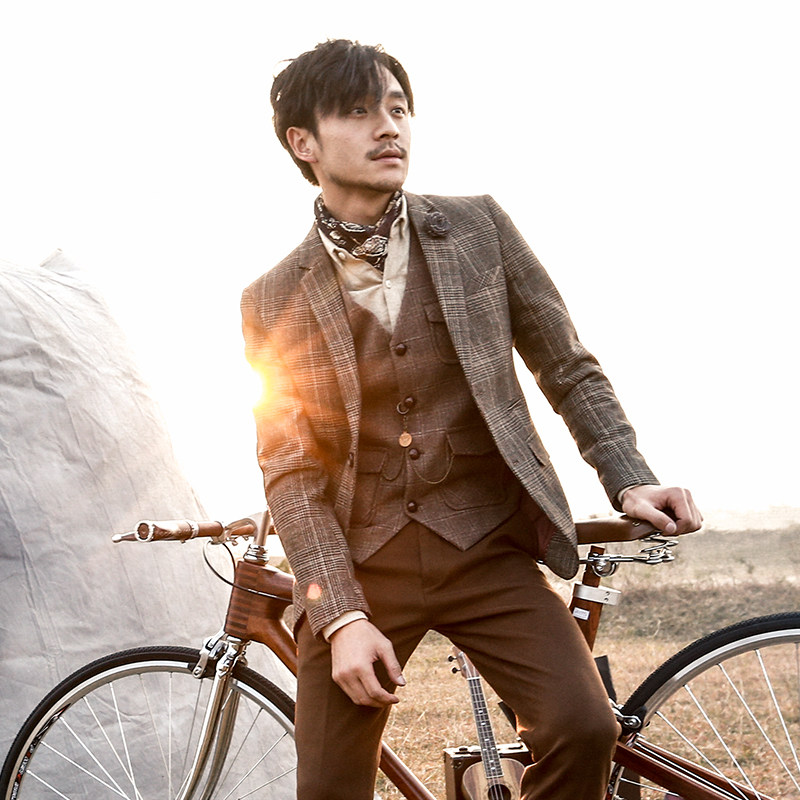 SOARIN Independent vintage houndstooth suit Men ruffian handsome suit British casual plaid jacket Wedding suit