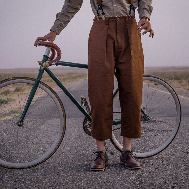 SOARIN retro American-style overalls nine-point pants men's Ami khaki casual loose straight wide-leg pants brown