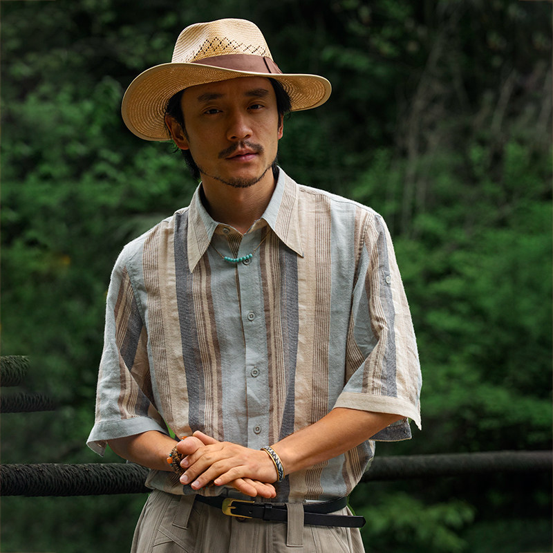 SOARIN Inron retro striped short sleeve shirt male summer slim fit all cotton casual splicing 70% sleeves shirt