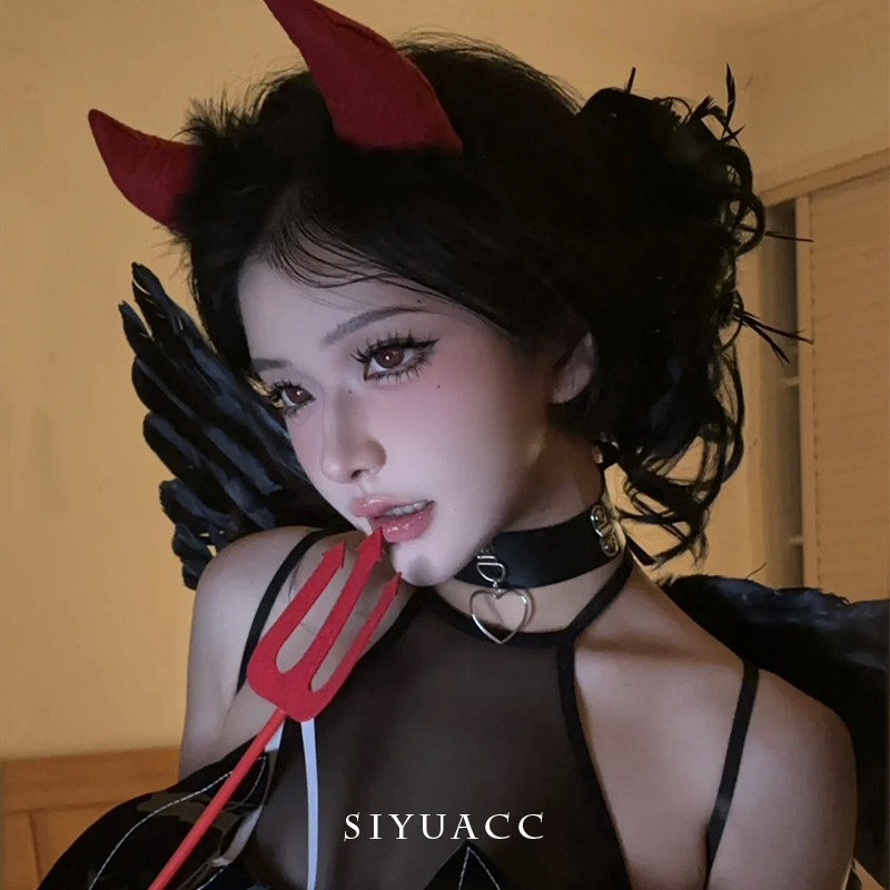 Halloween cosplay devil horns headband angel feather wings decoration funny costume props headdress hair accessories women