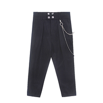 When the Street waist seal double-breasted nine-point slim pants special material adjustment body shape fashion pants