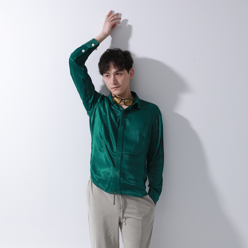 Imperial Green Mulberry Silk Blend Mercerized Silky Fashion Shirt for Men, Spring Runway Show, Palace Style Slim Fit Shirt