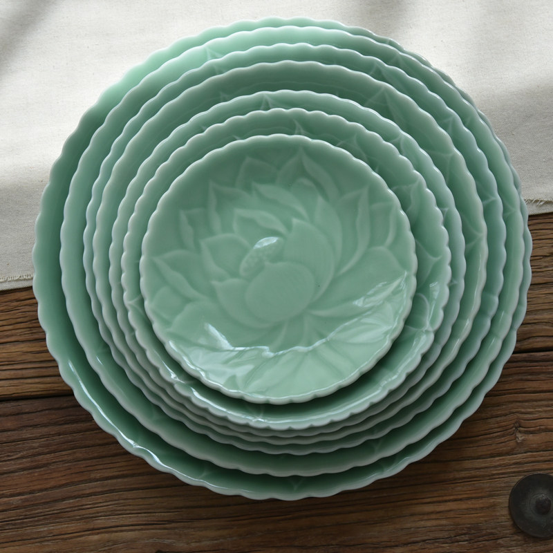 Longquan celadon creative tableware ceramic plate household dish round flat plate shallow plate Japanese-style plate 7-12 inch