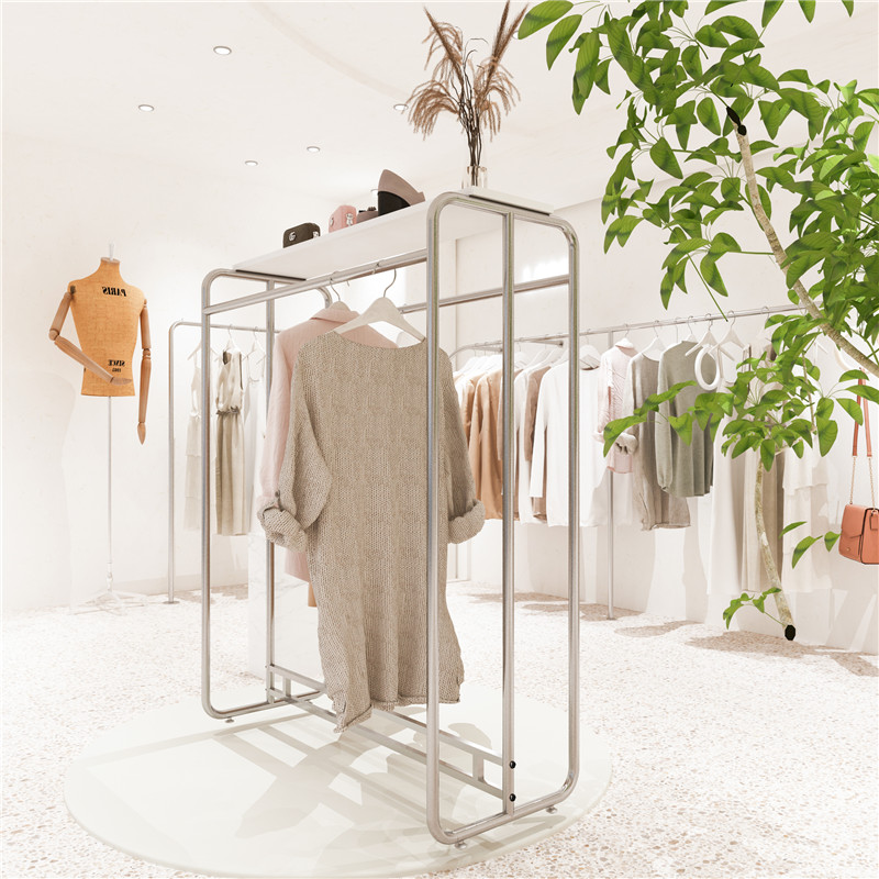Stainless Steel Mid Island Shelf Clothing Store Display Shelf Women's Clothing Shop Floor Style Double Bar Hanging Clothes Pole Silver