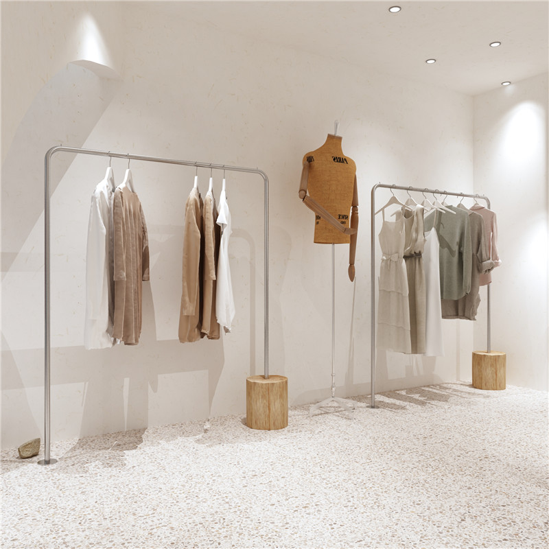 New Wood Base Clothing Shop Display Rack Silver stainless steel hanging clothes High-end Store Shelf shelves