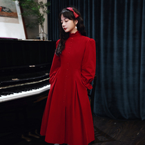 Toast clothing autumn and winter wine red wedding engagement high waist pregnant women size fat mm temperament stand collar long sleeve evening dress