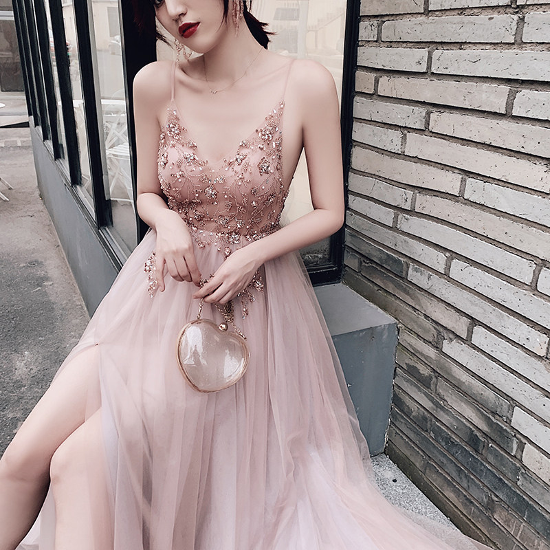 Sling V-neck sexy backless slit long version dress skirt banquet annual meeting party birthday party evening dress host