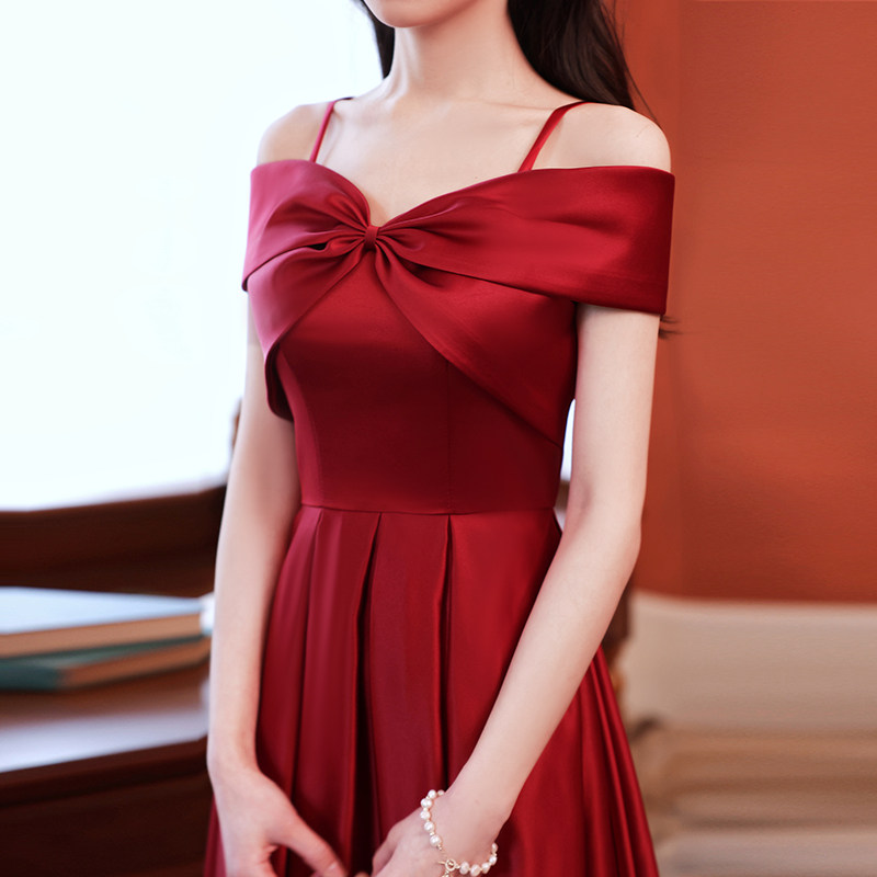 Toast dress bride wedding engagement wine red high-end satin one-shoulder temperament slim dress small can wear