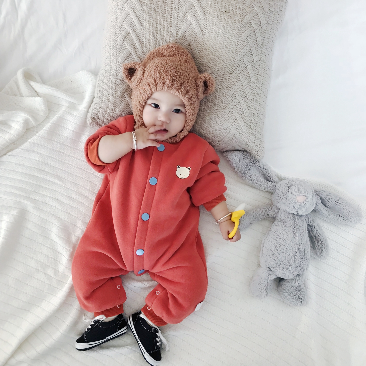 Baby cộng nhung jumpsuit mùa đông nam và nữ sơ sinh cardigan cho bé 0-3-6-12 tháng ra quần áo body suit cho be so sinh