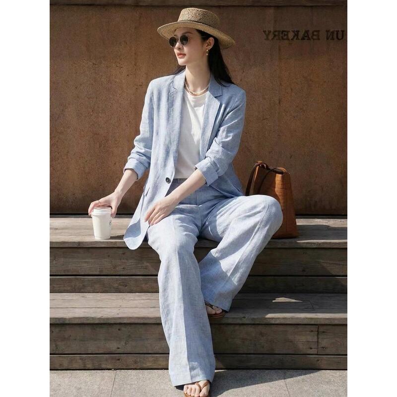 New Women's Suit Set for Autumn, Stylish Blue Casual Youthful Jacket and Trendy Long Pants