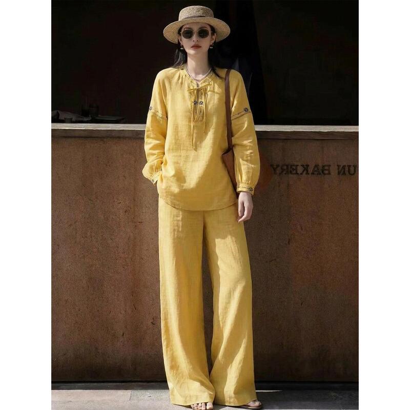 Lazy Style Yellow New Embroidered Suit for Women, Autumn New Loose Casual Elegant Top and Wide-Leg Pants Two-Piece Set