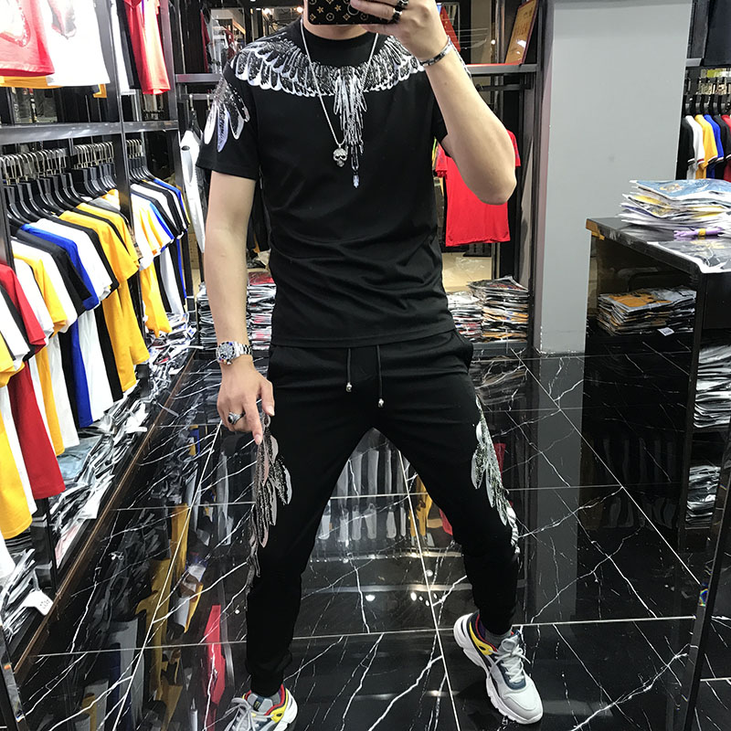 Men's short sleeve suit Summer 2020 new casual hot drill wing printed half sleeve T-shirt male and two sets trendy