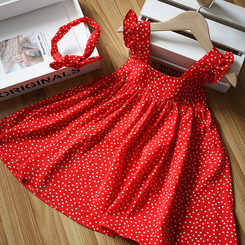 Girl's hanging band dress for summer clothing new Korean version of children's clothing for children little girl easy wave dot red ocean dress
