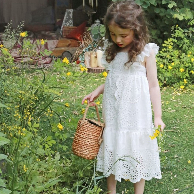 Girls' white dress summer dress new Korean version of the children's clothing Western style Korean children's high waist hollow breathable princess skirt