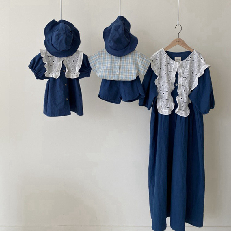 Pro-daughter dress Mother woman in summer dress Han edition Dress Foreign Fried Street Mother-son Dress A Three-Mouth Plaid Baby Foreign Dress