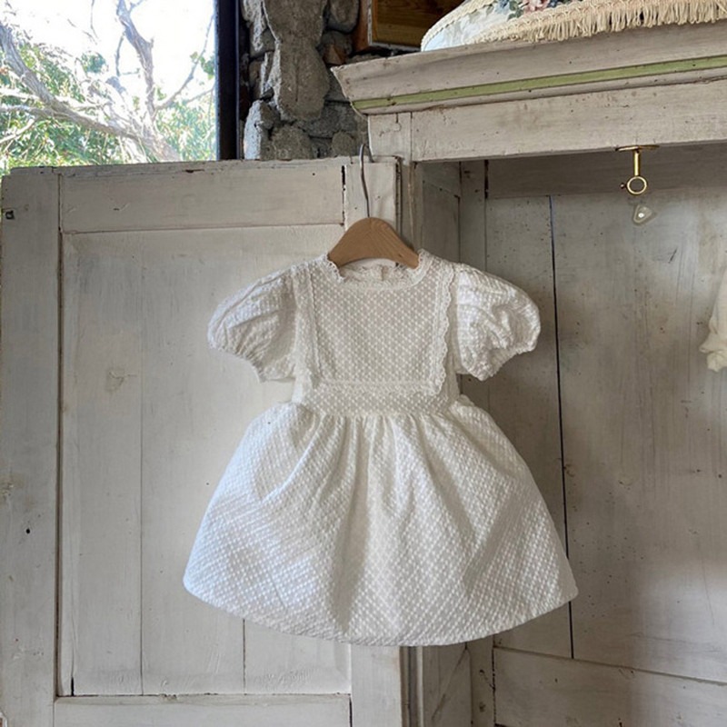 Girl Foreign Dress Summer Dress New Korean Version Children Dress Foreign Pie Korean Teas Trendy Baby Children White Bubble Sleeves Skirts