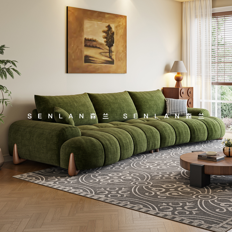 Senlan Yunshu Retro Chenille Sofa Straight-Line French Mid-Century Living Room Small Apartment Green Curved Fabric Sofa
