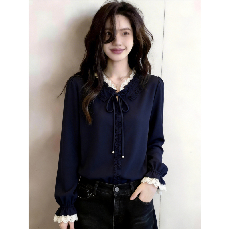French-Style New Lace Patchwork Lace-Up Long-Sleeved Shirt for Women in Autumn, Plus-Size Design That Makes You Look Younger and Slimmer