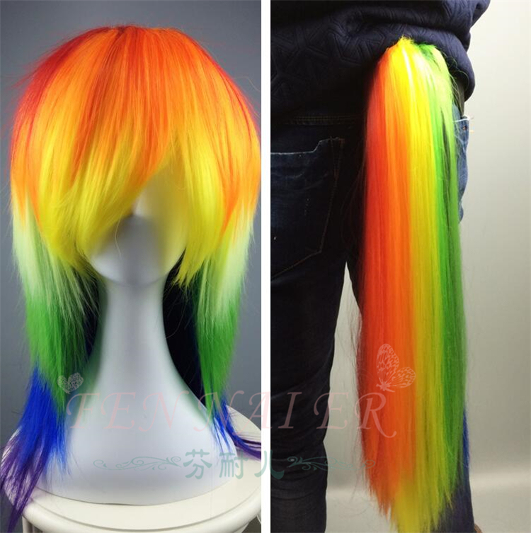 Fenair Cosplay Anime My Little Pony Rainbow Dash Harajuku Wig + Ponytail Full Set A1863