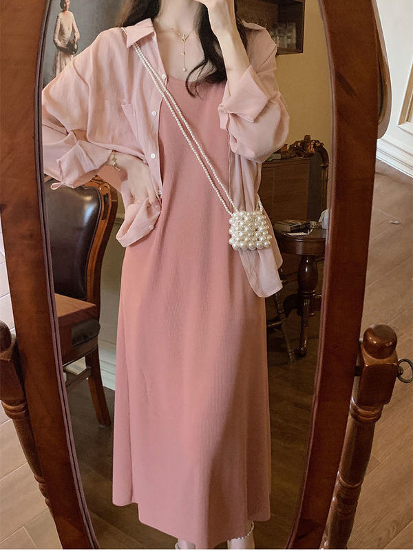 Designed Camisole Dress with Sun Protection Shirt, Gentle Two-Piece Set, Versatile for Spring and Autumn, Stylish and Elegant Long Dress for Women