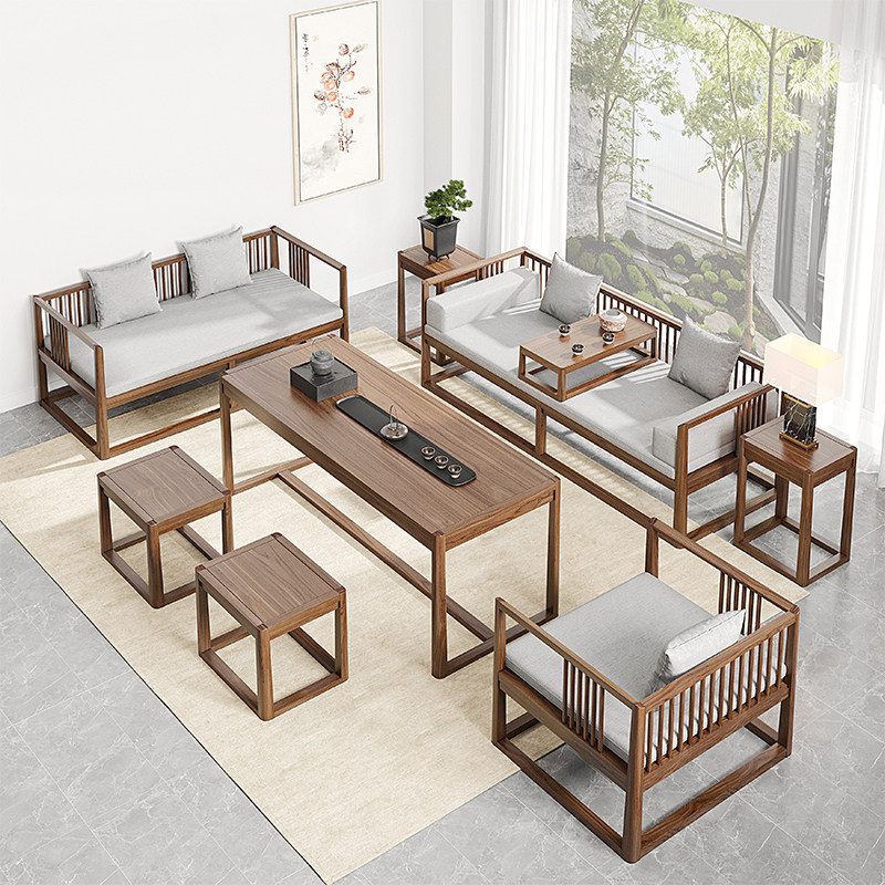 New Chinese sofa composition Full solid wood modern minimalist small family type single sofa cushion Living room log furniture