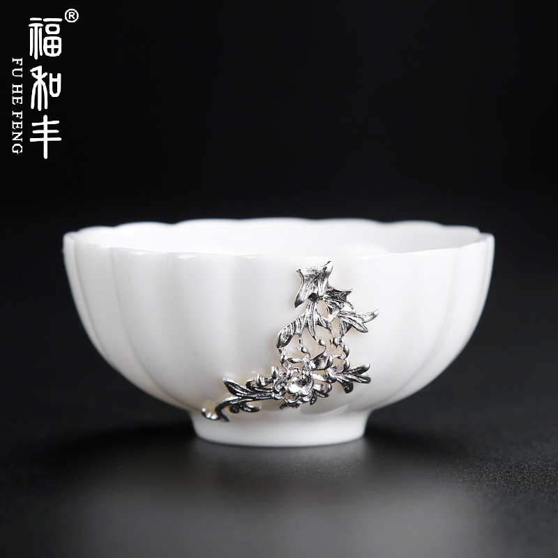 Ceramic jade porcelain single cup inlaid silver tea with master's cup Gongfu tea with building of a petals tea cup personal cup of tea drinking cup