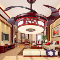 Ceiling fan light Chinese living room Chinese style dining room Retro solid wood electric fan Invisible Mahogany silent chandelier