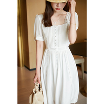 Square neck dress womens 2021 new waist slim white commuter chiffon skirt summer temperament light cooked style