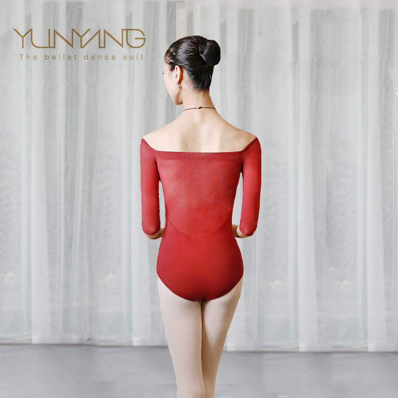 Dance costume women's gymnastics suit adult yoga body training suit word shoulder collar ballet practice suit seven-quarter sleeve