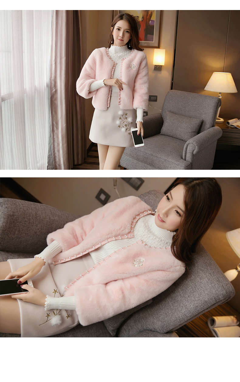 ATAR người nổi tiếng đính cườm giả lông ngắn coat 2017 mùa thu và mùa đông mới len áo len thời trang áo sơ mi nữ hồng áo phao lót lông