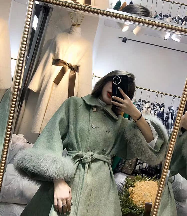 Thời trang nữ lông cáo tay áo thắt eo áo len dài đoạn nữ mùa đông dày lông cừu len áo thủy triều áo khoác dạ nữ dáng dài cổ lông