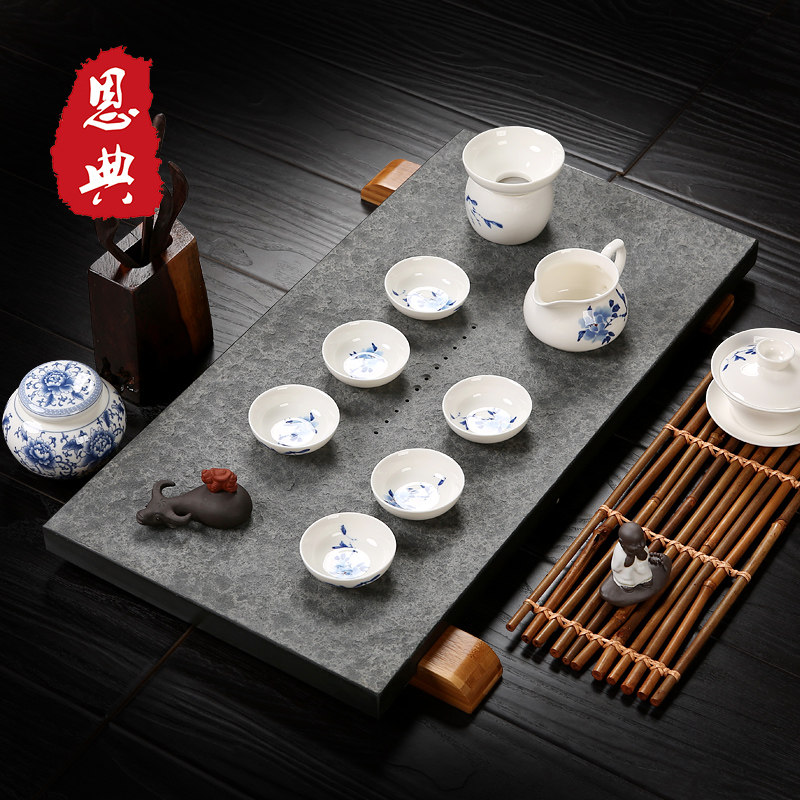 Uginshi Tea Tray Whole Home Natural Stone Tea Desk Trumpet Large Size Brief lettering Black Gold Stone Tea Tray