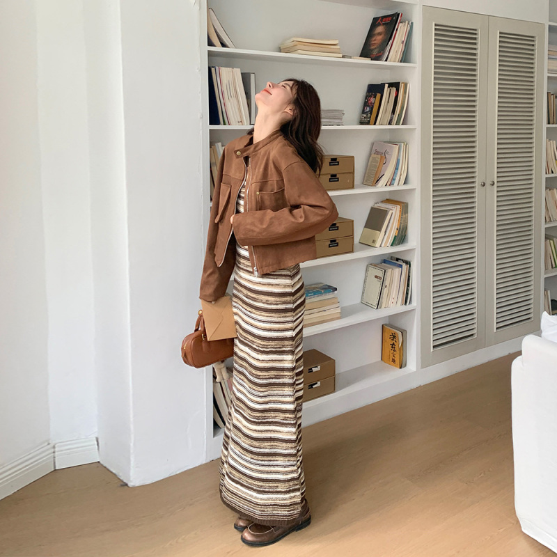 Striped Dress Set for Women, Spring and Autumn 2026 New Style, Including a Long Slip Dress, Leather Jacket, Short Coat, Two-Piece Set
