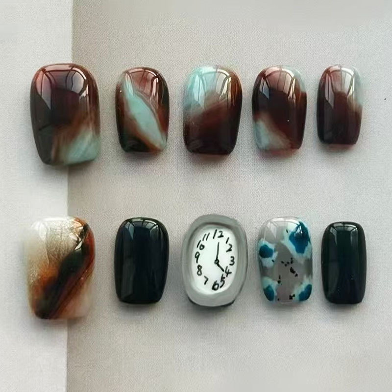 Brown Psychedelic Amber Wearable Nails, High-End Niche Design, Personalized Trendy Autumn and Winter New Short Style Nail Stickers