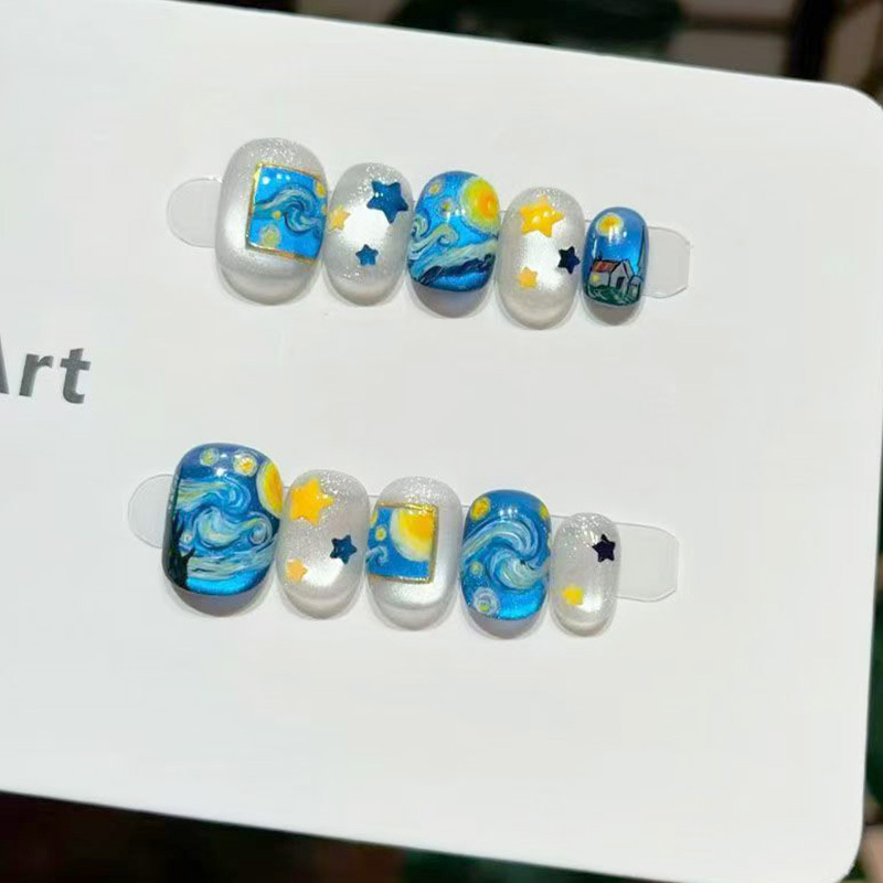 Van Gogh Dreamland Cat Eye Wearable Nails High-End Whitening Niche Design 2026 New Short Style Sweet Nail Stickers Van Gogh Dreamland Cat Eye Wearable Nails High-End Whitening Niche Design 2026 New Short Style Sweet Nail Stickers