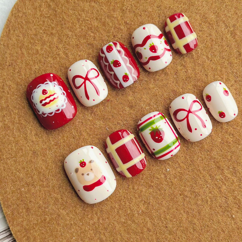 Red Strawberry Cake Bow-Shaped Press-On Nails, Brightening, Girly, Everyday, Simple, New Short Bean Style Nail Stickers