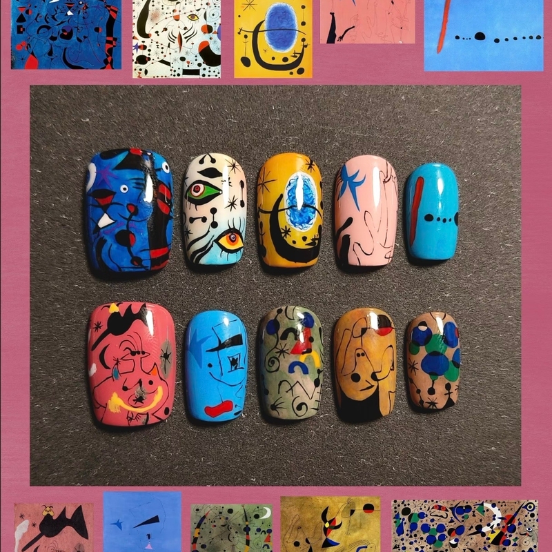 Miro Art Wearable Nails: Surreal Abstract Graffiti Lines with Contrasting Colors, Unique Short Nail Stickers